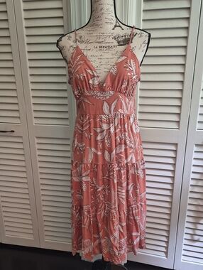 Wild Fable Coral Floral Midi Dress with White Leaf Print